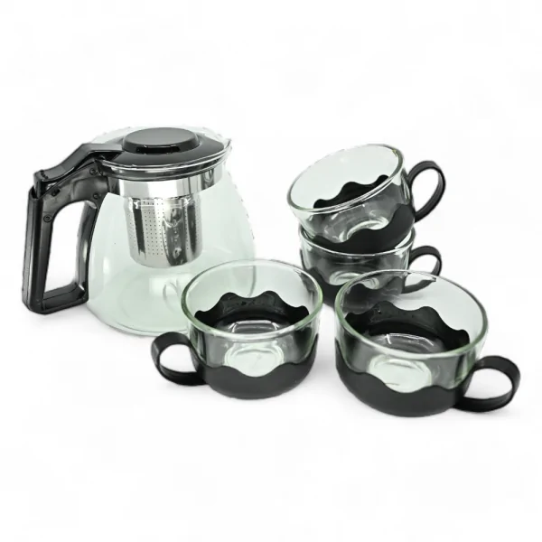 Set d'infusion 5 pièces : théière en verre avec infuseur et 4 tasses moustache assorties