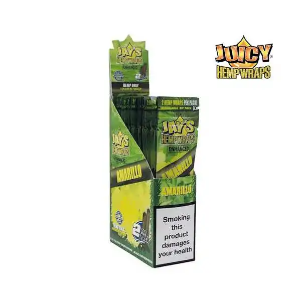 Boîte de 25 blunts de chanvre Juicy Jay's Amarillo avec avertissement santé