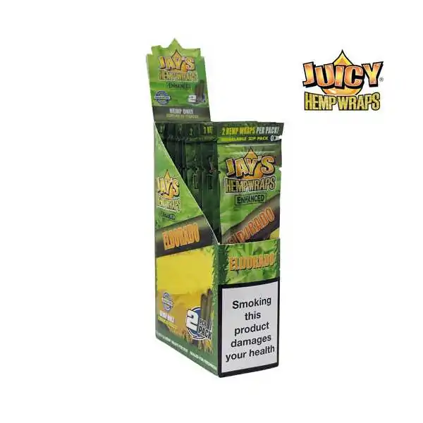 Boîte de blunts de chanvre Juicy Jay's Eldorado, 25 paquets, avec avertissement santé