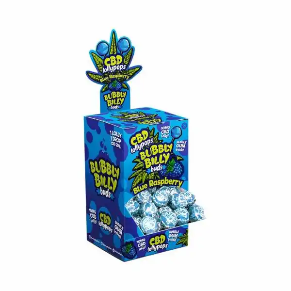 Boîte de 100 sucettes CBD Blue Raspberry Bubbly Billy, packaging bleu avec logo feuille