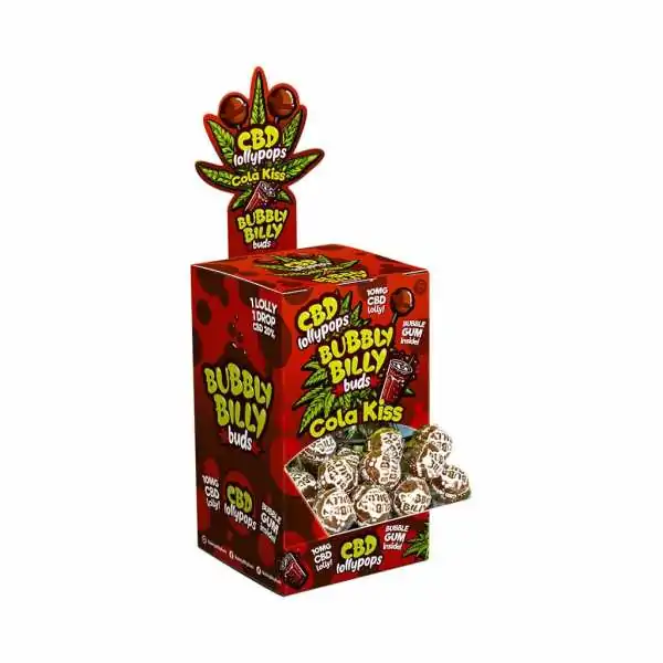 Boîte de sucettes CBD Bubbly Billy Cola Kiss, 100 pièces, avec feuille de cannabis
