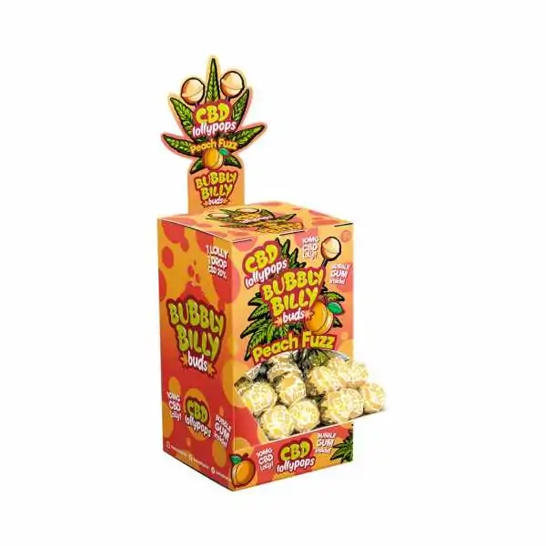 Boîte de 100 sucettes CBD Bubbly Billy parfum Peach Fuzz, packaging coloré avec feuille verte