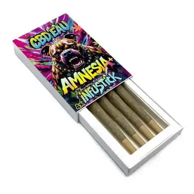 Boîte d'Infusticks CBD Amnesia 7%, design coloré avec chien, contenant 4 sticks