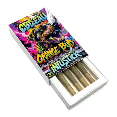 Boîte colorée de 4 infusticks CBD Orange Bud 7%, image d'un chien rugissant sur l'emballage