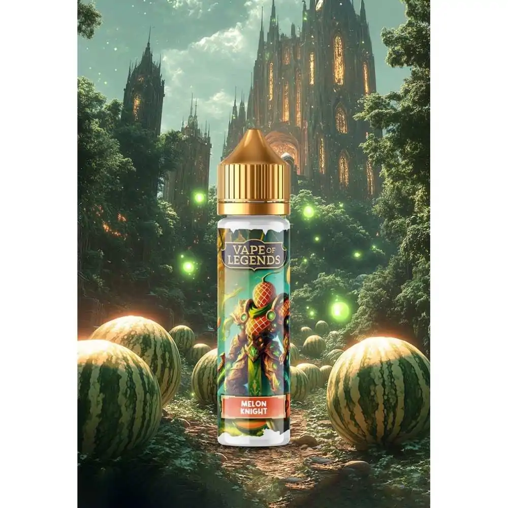 E-liquide Melon Knight Suprême dans un décor fantastique avec château et pastèques géantes