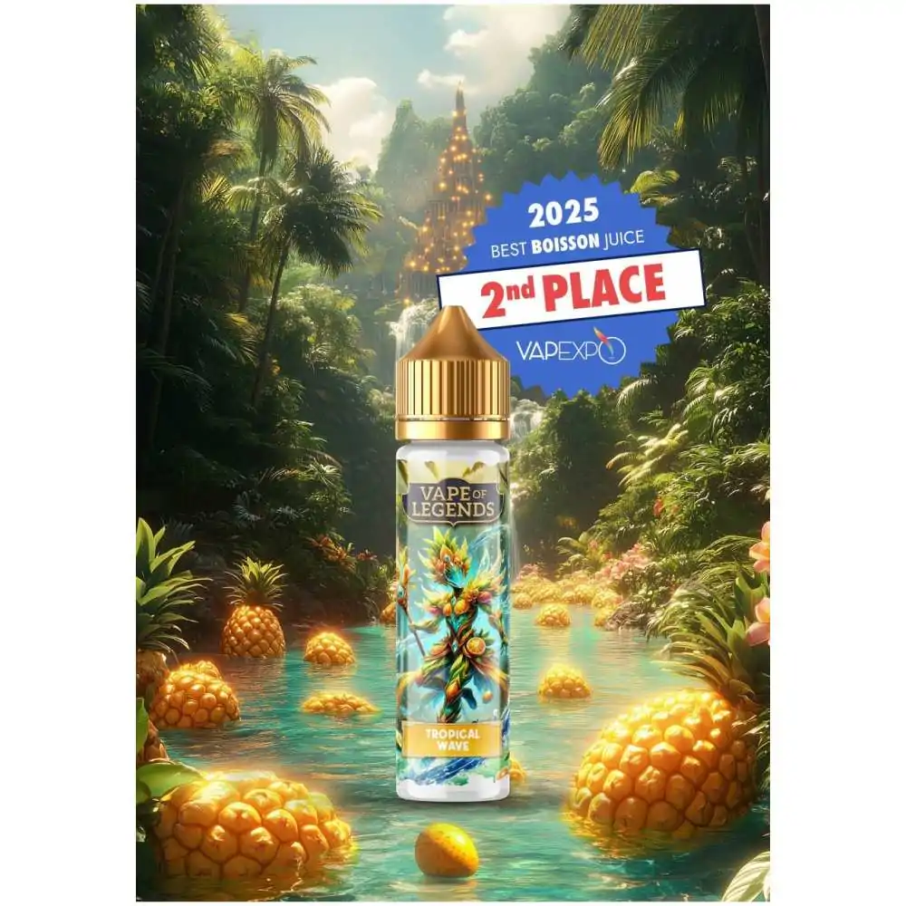 E-liquide primé Vape Of Legends dans un décor tropical avec ananas et palmiers