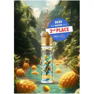 E-liquide primé Vape Of Legends dans un décor tropical avec ananas et palmiers