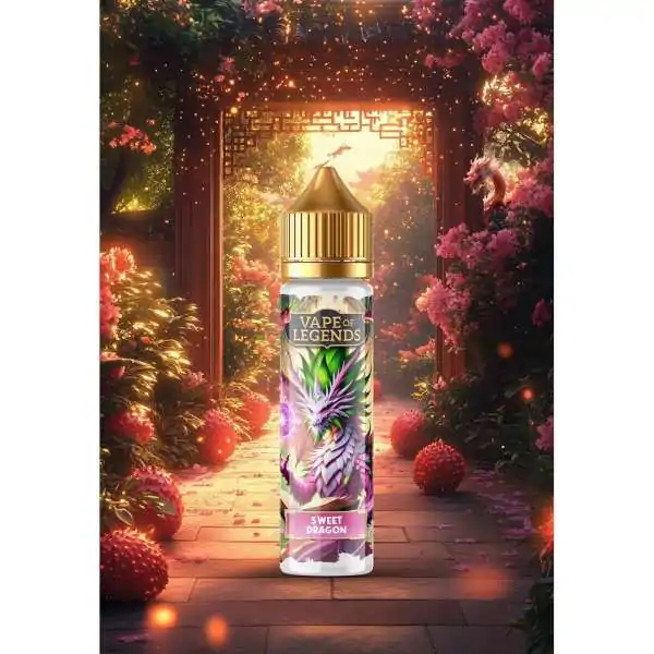 E-liquide Vape of Legends Sweet Dragon dans un décor fantastique avec fleurs et lumières