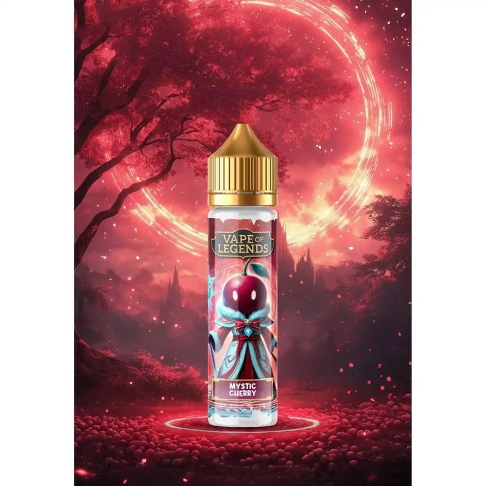 E-liquide Mystic Cherry Vape Of Legends, flacon 50ml sur fond rouge mystique