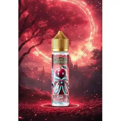 E-liquide Mystic Cherry Vape Of Legends, flacon 50ml sur fond rouge mystique