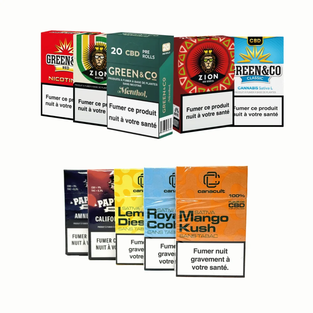 Pack découverte de 10 cigarettes CBD premium avec différentes saveurs et marques