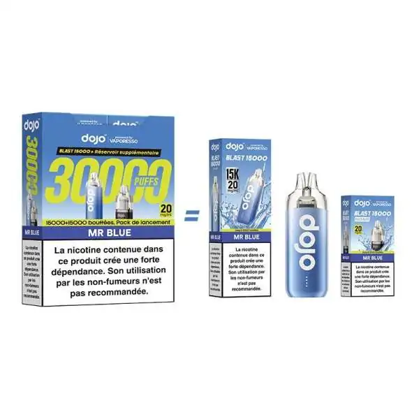 Produit Puff Dojo Blast 30000 bouffées Mr Blue avec avertissement sur la nicotine
