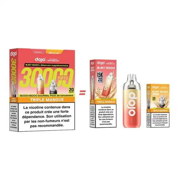 Kit vapotage Dojo Blast 30000 bouffées arôme mangue, nicotine, avertissement santé