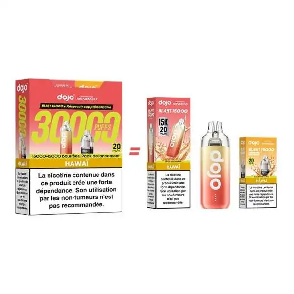 Kit vape Dojo Blast Bundle 30K Hawaï avec 20 puffs, e-liquide et avertissement santé