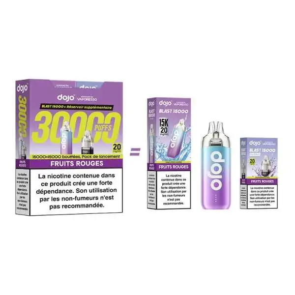 Pack e-cigarette Dojo Blast 30000 bouffées saveur fruits rouges avec avertissement santé