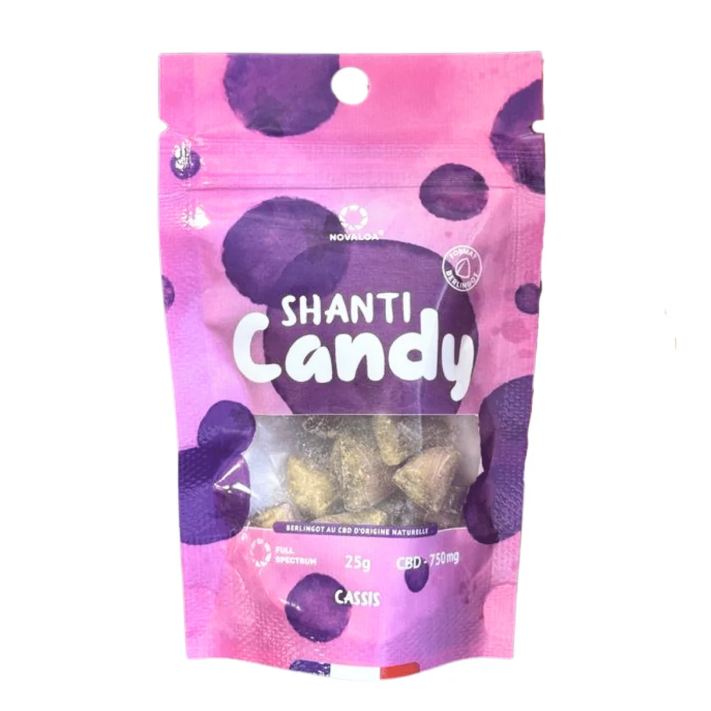 Sachet de bonbons CBD saveur cassis Shanti Candy, packaging rose avec motifs violets