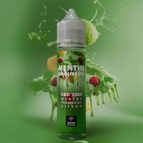 E-liquide CBD Menthe Amoureuse Marie Jeanne 50ml saveur menthe framboise citron sur fond vert