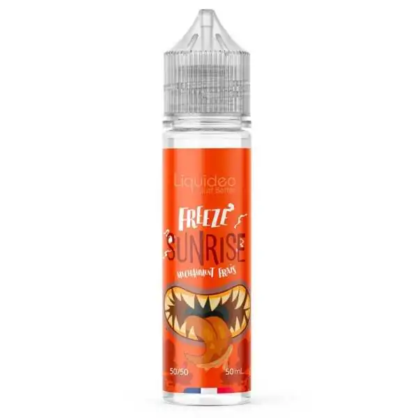 E-liquide Sunrise Freeze Liquideo, bouteille orange avec illustration de dents, 50ml