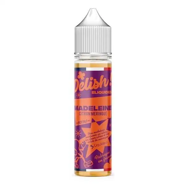 E-liquide Delish Madeleine citron meringue 50ml, bouteille avec étiquette colorée