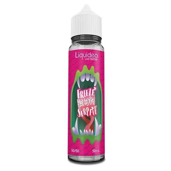 Bouteille e-liquide Liquideo Dragon Serpent 50ml Freeze, étiquette rose avec gueule verte