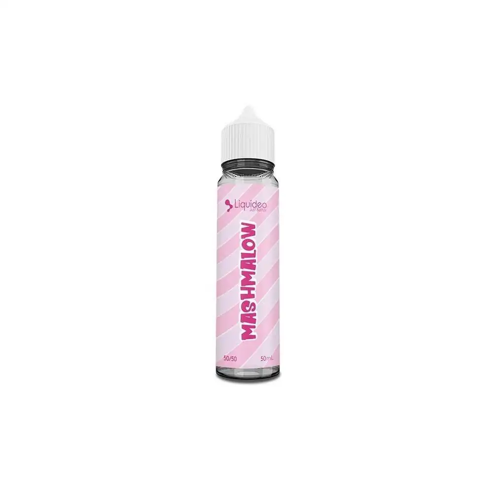 Flacon e-liquide Mashmalow 50ml par Liquideo, saveur guimauve, fond rose rayé