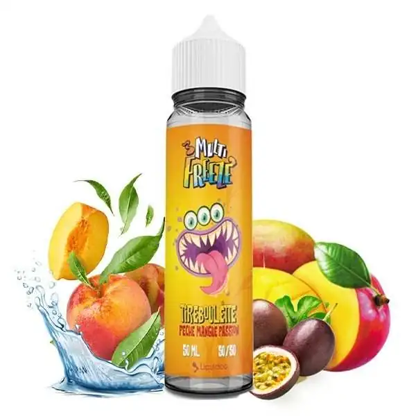 E-liquide Tireboulette Multi Freeze saveur fruits exotiques, bouteille 50ml et fruits frais