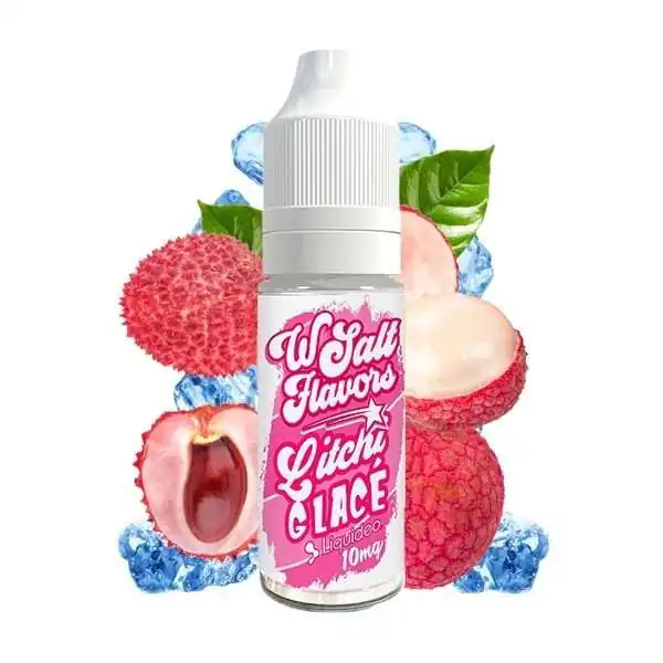 E-liquide Litchi Glacé Wsalt Flavors avec image de litchis, glaçons et feuilles vertes