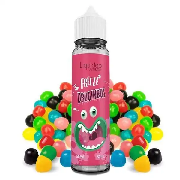 E-liquide Druginbus Freeze 50ml Liquideo avec bonbons colorés et design de monstre rose