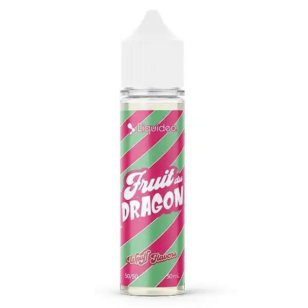 E-liquide Fruit du Dragon par Liquideo, flacon de 50ml, saveur exotique, rayures roses et vertes