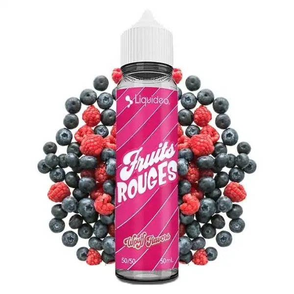 Flacon rose Fruits Rouges Liquideo entouré de framboises et myrtilles fraîches