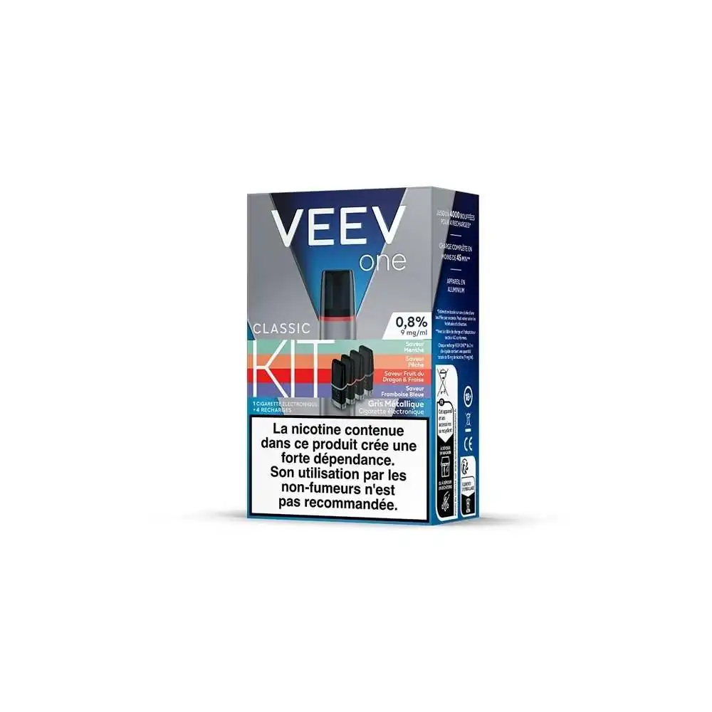 Kit Veev One saveurs fruitées, cigarette électronique avec cartouches et avertissement santé