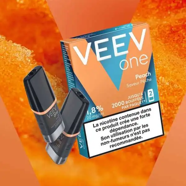 Paquet Veev One saveur pêche avec pods, avertissement nicotine, fond orange
