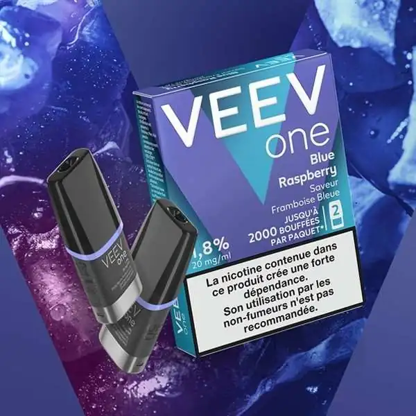 Paquet VEEV one saveur framboise bleue avec deux pods, avertissement nicotine, fond bleu
