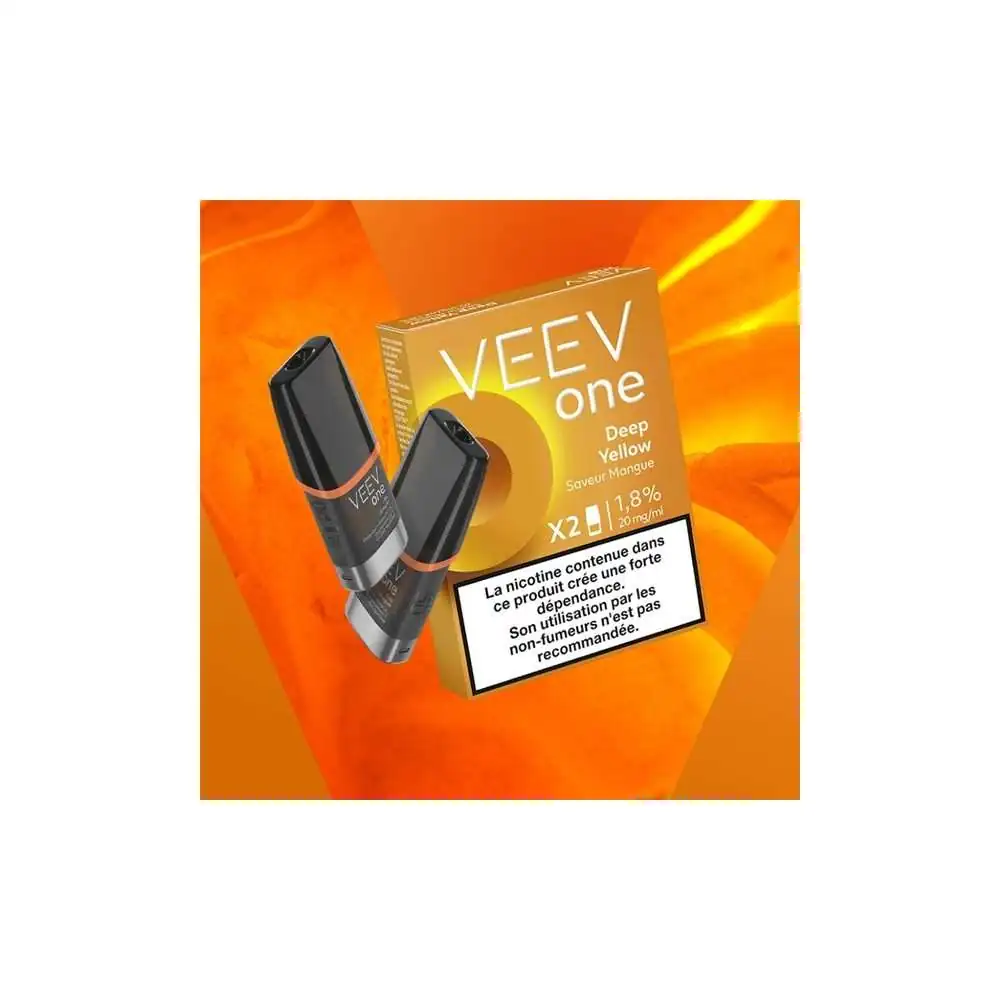 Paquet Veev One Deep Yellow Mangue, 2 pods pré-remplis, saveur mangue, 1.8% nicotine