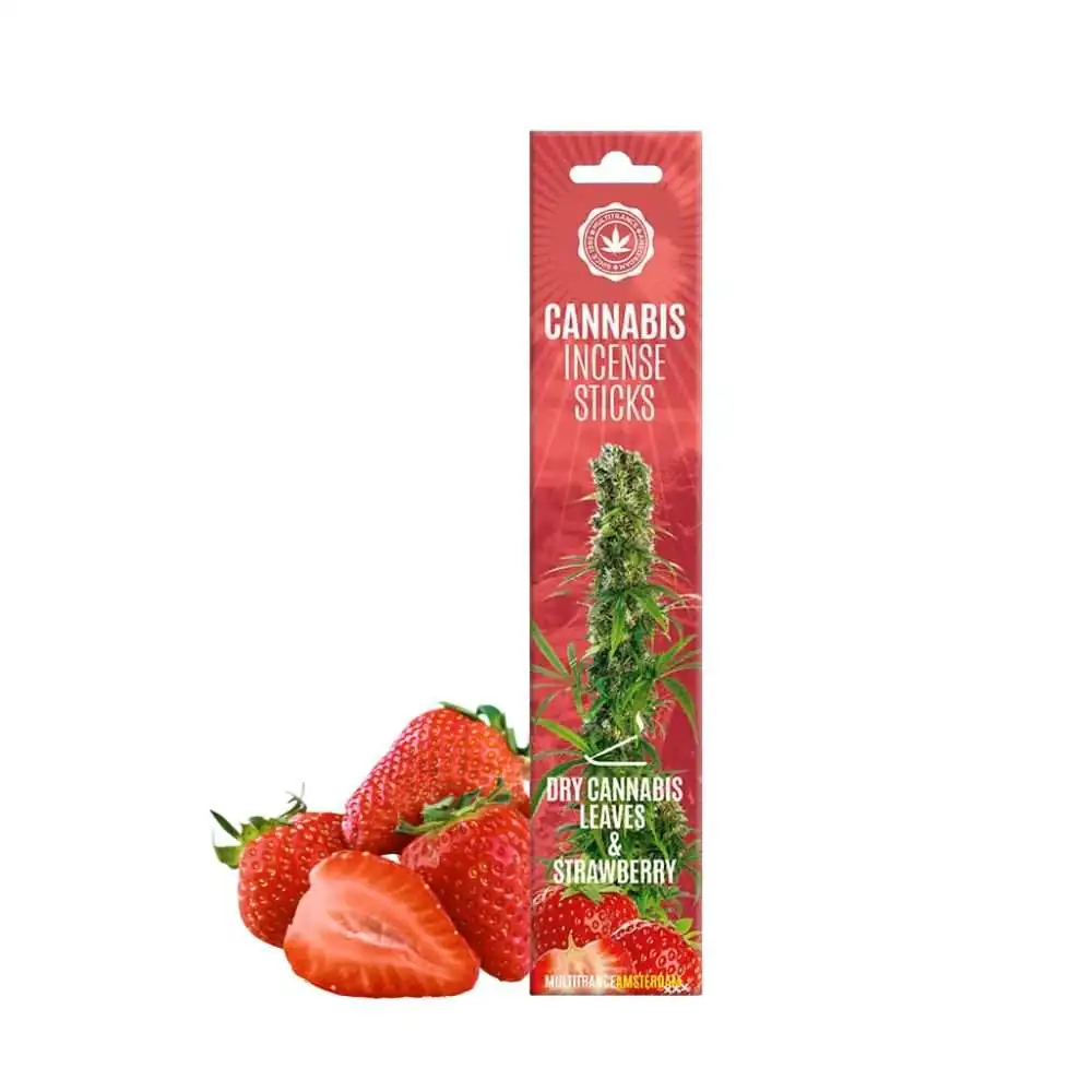 Bâtonnets d'encens au cannabis et fraise, boîte rouge avec image de plante et fraises fraîches