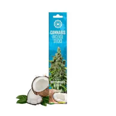 Encens cannabis et noix de coco, boîte bleue avec image de plante, produit aromatique