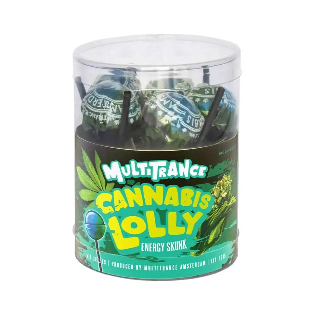 Boîte de sucettes Cannabis Lolly Energy Skunk Multitrance, 10 pièces, saveur cannabis Boîte de sucettes Cannabis Lolly Energy Skunk Multitrance, 10 pièces, saveur cannabis
