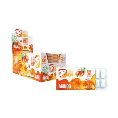 Boîte de 24 chewing-gums CBD goût mangue Astra Hemp, emballages orange et blanc