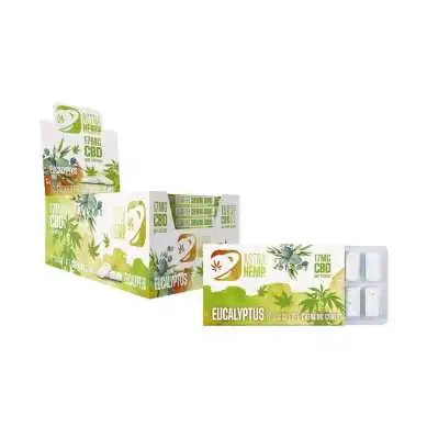 Boîte de 24 chewing-gums CBD Astra Hemp parfum eucalyptus, packaging vert et blanc
