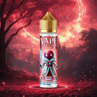 E-liquide Mystic Cherry Vape of Legends dans un décor fantastique rouge et or