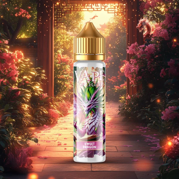 Flacon e-liquide Sweet Dragon dans un jardin asiatique enchanteur au coucher du soleil