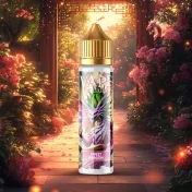 Flacon e-liquide Sweet Dragon dans un jardin asiatique enchanteur au coucher du soleil