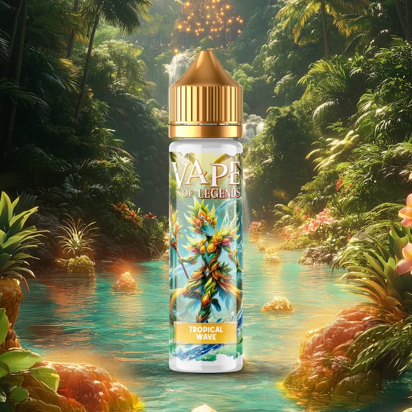 E-liquide Vape of Legends Tropical Wave dans un paysage tropical luxuriant avec cascade