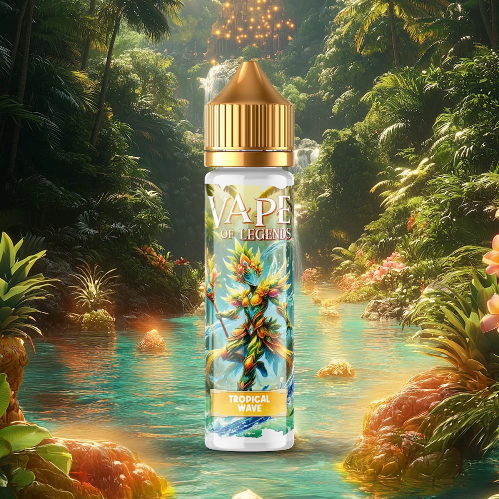 E-liquide Vape of Legends Tropical Wave dans un paysage tropical luxuriant avec cascade