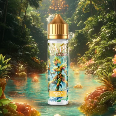 E-liquide Vape of Legends Tropical Wave dans un paysage tropical luxuriant avec cascade