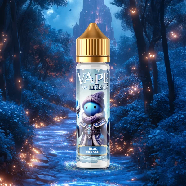 E-liquide Blue Crystal Vape Of Legends dans une forêt magique avec des lumières scintillantes
