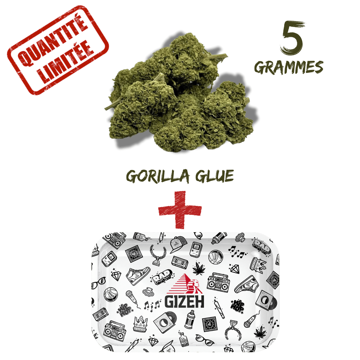 Pack Fleur CBD Gorilla Glue Greenhouse 8% + Plateau à Rouler GIZEH Comic Blanc 275x175mm