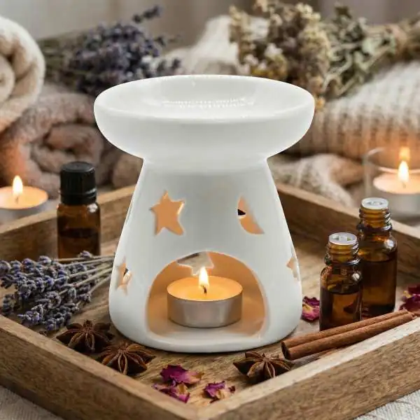 Brûleur Huile Céramique Blanc Lune Étoiles
