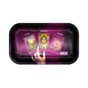 Face du plateau Hazey Prophecy, trois cartes et une main sur fond violet