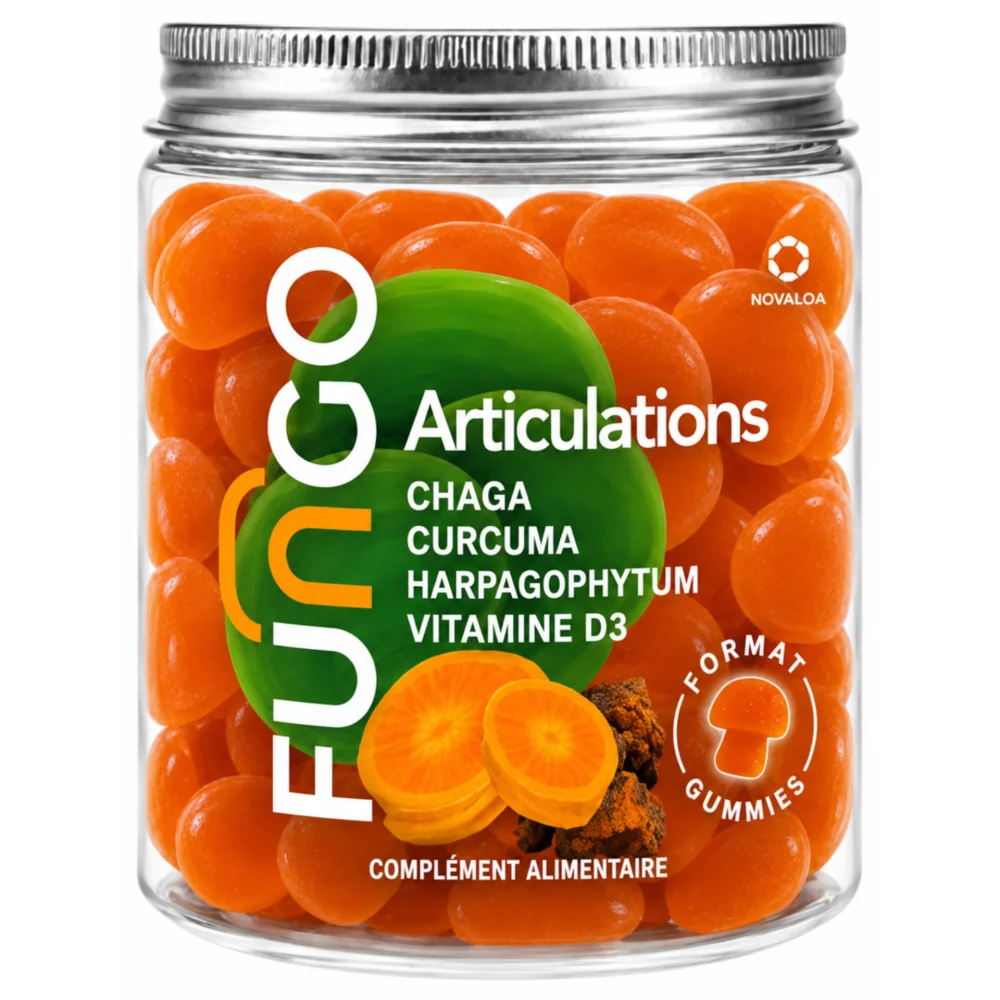 Pot de gummies FUNGO by Novaloa au chaga, curcuma, harpagophytum et vitamine D3, face avant Pot de gummies FUNGO by Novaloa au chaga, curcuma, harpagophytum et vitamine D3, face avant